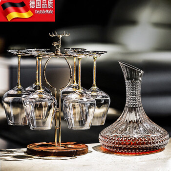 Tuojin 2023 new light luxury crystal red wine glass holder set decanter for home use with high appearance breeze decanter + 6 burgundy gold diamond crystal cups + elk cup holder