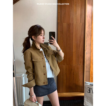 Mukok suede short box leather jacket 26 early spring new small versatile jacket for women sand brown m