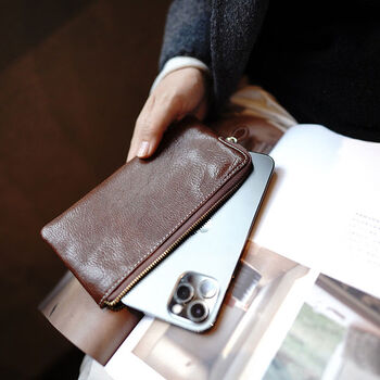 Missdeer custom vegetable tanned cowhide simple zipper coin purse genuine pickup bag mobile phone storage bag long wallet coffee color