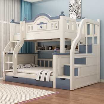 All solid wood upper and lower beds, children's beds, bunk beds, multi-functional beds, two-story high and low beds, upper and lower bunk beds, ladder, upper bed width 90cm, lower bed width 120cm (comes with bookshelf)
