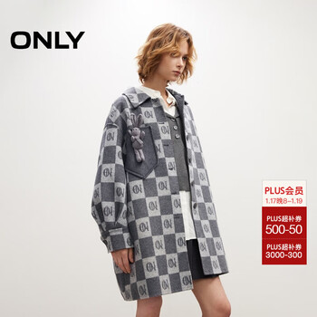 Only2025 new autumn style loose-fitting off-shoulder wool blended silhouette woolen coat for women|12544s002 h01 on checkerboard gray xs