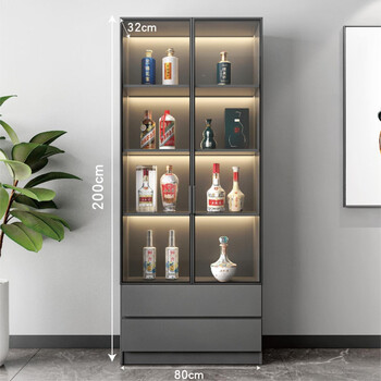Living room glass multifunctional wine cabinet against the wall integrated display cabinet household light luxury storage rack wooden transparent 80*32*200 double door double drawer dark gray delivered to the home