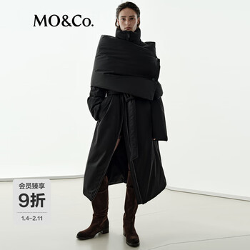 Mo&co. noir series down jacket 2025 winter new product 90 goose down jacket long style with collar belt mbe4ein048 black s /160