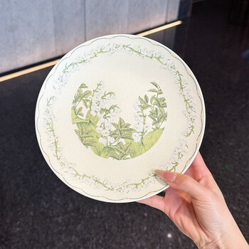Dreamy happiness green lily of the valley cake plate shallow plate ceramic household plate breakfast plate steak plate pasta plate fruit salad plate green lily of the valley 8.5-inch shallow plate 22*2cm 1 piece