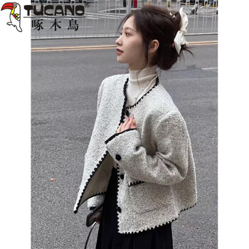 Woodpecker (tucano) french style small fragrant jacket women's short spring and autumn 2026 new high-end celebrity temperament small winter high-end sense gray white s recommended 70-95 pounds