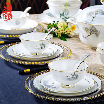 Manyuan brand jingdezhen ceramic tableware set household bone china dishes and dishes light luxury housewarming wedding box liu'an yanxia exquisite 10-person configuration 60-piece set