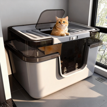 Pet quhui cat litter box 70cm large fully enclosed front-entry top-out ragdoll maine can use to reduce splash and send cat litter scoop 60cm large-front-entry top-ejection cat litter scooper-coconut gray