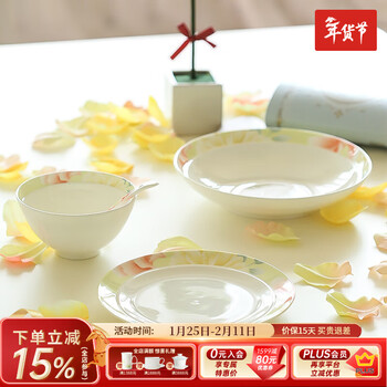 Huaguang national porcelain bowl and plate tableware set high-end bone china antibacterial and healthy glaze color new chinese tableware garden flower scent 4 persons 12 pieces