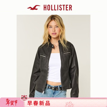 Hollister american retro pu leather motorcycle style short jacket 26 spring new women's clothing 344-6004 black s (165/84a)