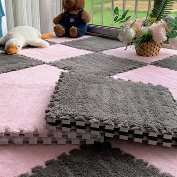 Fantasy plush splicing carpet for bedroom ins style large area full-length free-cut room living room soundproofing mat bedside blanket gray + pink can be cut and washed 30*30*1.0cm thickened 10 pieces with edge strips