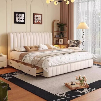 Jingmuszhai french cream style leather bed 2025 new high-end and atmospheric master bedroom 1.8 meters double piano key storage bed bed + 20cm tencel 9d latex spring mattress + 1 cabinet 1800mm*2000mm x air pressure three-pull structure silent pine bed board
