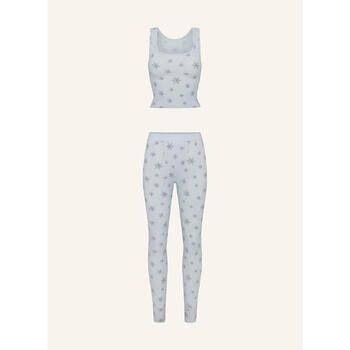 Skims26 new women's pajamas set breathable warm cotton elastic home sleep home simple two-piece set frost snowflake print one size | xl