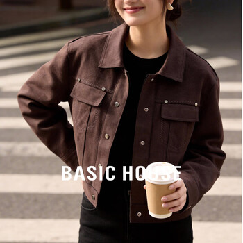 Basic housebasic house/baijiahao coffee color polo collar short jacket for women spring casual all-match jacket top coffee color s