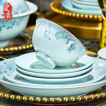 Manyuan jingdezhen kaolin high temperature underglaze color celadon tableware light luxury celadon white porcelain dishes set home gift wedding 10 people | celadon longyue 70-piece set