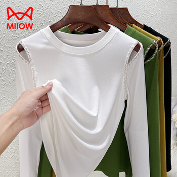 Miiow 2025 new design autumn clothing korean style fashionable temperament beaded t-shirt women's long sleeve hollow top white m