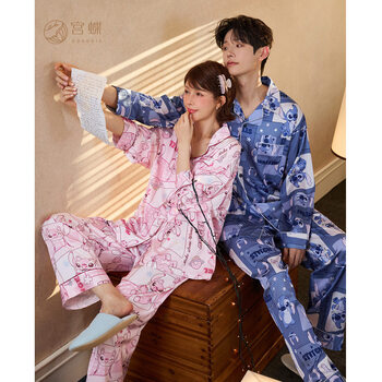 Gongdie gift box disney stitch spring and autumn couple pajamas women long sleeve cartoon ice silk home clothes men stitch full print suit women l (recommended 100-120 catties)