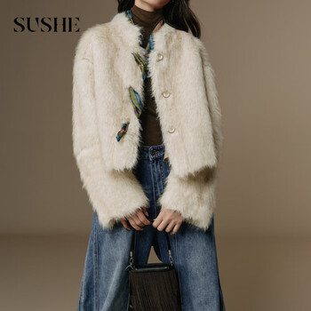 Sushe yinyao velvet series heavyweight light luxury dyed tip two-color imitation fox fur mid-length fur jacket silver fox white m