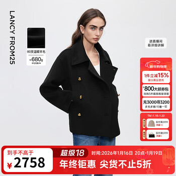 Langzi retro double-breasted wool short woolen coat women's lapel design 2025 winter new style black s