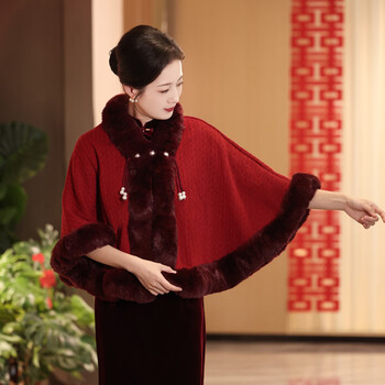 Woodpecker (tucano) burgundy cheongsam shawl women's autumn and winter velvet thickened outer cape coat wedding wedding for mother-in-law m mother's celebration burgundy one size
