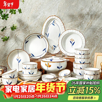 Yuhang underglaze color ceramic tableware set, bowls and plates, lanting sequence 52-head color box, wedding housewarming gift
