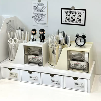 Yusenyi rotatable multifunctional pen holder desk desk marker pen pencil storage box transparent drawer organizing box (moonlight white)-(apricot color) double drawer integrated