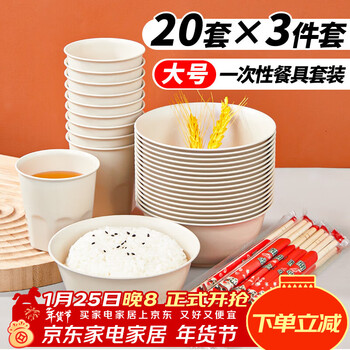 Youao disposable tableware set 20 sets thickened bowls, cups and chopsticks three-piece set waterproof and oil-proof new year and spring festival dinner