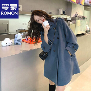 Romon cloak woolen coat for women autumn and winter new style small hepburn style mid-length double-sided coat woolen coat for women blue m 95-108