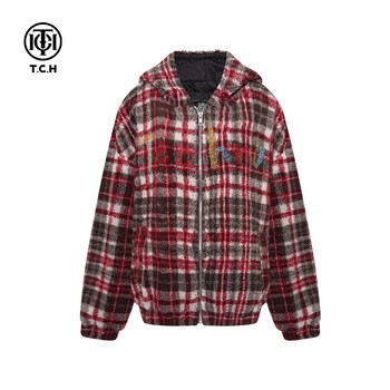 Tch hooded jacket for women 26 years early spring model hot diamond plaid fashion high-end versatile temperament lazy style zipper shirt burgundy s