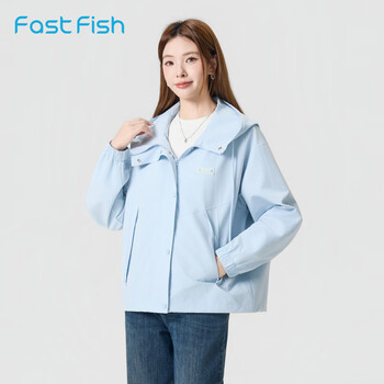 Kuaiyu jacket women's 2026 spring new korean style color block loose short jacket casual versatile fashion hooded women's windbreaker light blue s