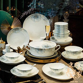 Manyuan jingdezhen 2025 new bowl and dish set household chinese style underglaze color high temperature bone china tableware ceramic bowl and plate housewarming ink dyed flower shadow 4 people configuration 30-piece set