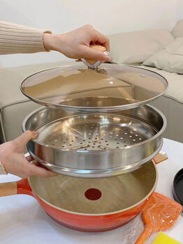 Othersenamel pot household ceramic non-stick pot oil-free wok gas induction cooker universal wok orange 2cm wok with lid + steamer + silicone spatula + magic wipe*2