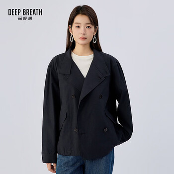 Take a deep breath deep breath women's new simple stand-up collar double-breasted short windbreaker jacket for women a401790 navy blue s (2)
