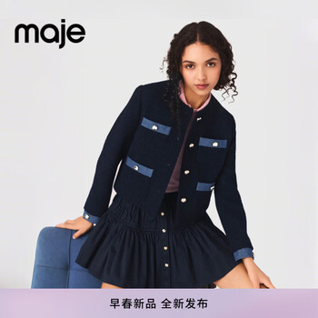 Maje2026 spring new women's french fashion contrast color denim trimmed gold button decorated short jacket dark blue xs (34)