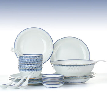 Hongye (rl) jingdezhen chinese porcelain blue and white porcelain high temperature fine white glazed medium color bowls, plates and tableware set (baoxiangwanqian) baoxiangwanqian exquisite medium tableware 26 pieces