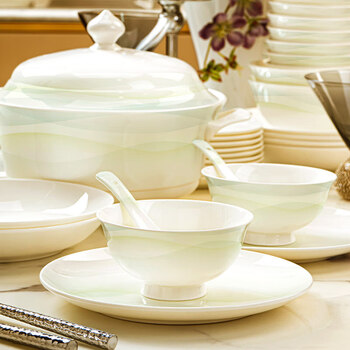 Mixiang high-end tableware set new housewarming bone china jingdezhen bowls and plates home light luxury high-end xingxi first sight 46 pieces with rich pot brocade box set 1