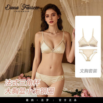 Dana farrow brand new wireless underwear women's thin large breast revealing small lace bra set french triangular cup bra beige bra + panties s 70a/70b one size