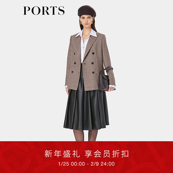 Ports women's 2025 early autumn new chestnut brown fashionable houndstooth double-breasted suit jacket chestnut brown plaid xxs (0)