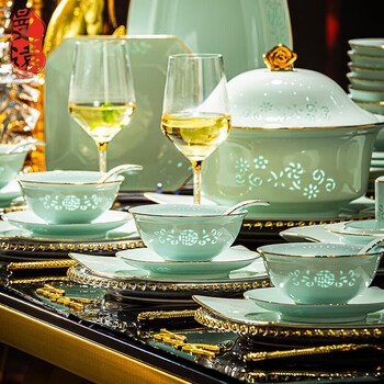 Manyuan underglaze color high-end jingdezhen gold-painted celadon exquisite tableware bowls and plates set for home moving gifts high temperature phnom penh celadon fu linglong 6-person configuration 40-piece set