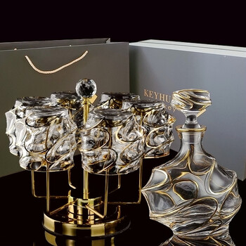 He jiagong european palace style gold whiskey glass rotating cup holder wine bottle home set rose red curling gift box + cup holder