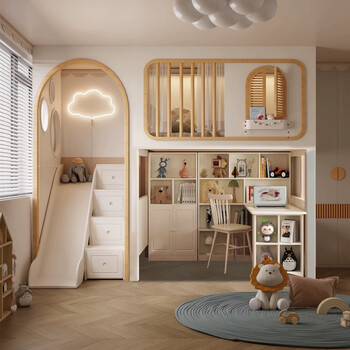 Yusenyi can customize desk, integrated wardrobe, upper and lower bed, multi-functional upper bed, lower table and empty cabinet combination, high and low treehouse bed, upper bunk + ladder cabinet + slide + arch + 0.95m bookshelf + 0.95m 1500mmx1900mm