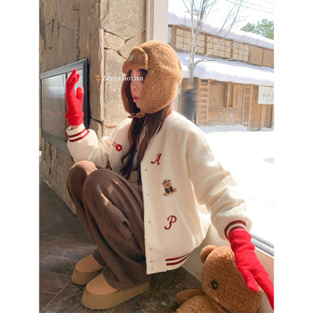 Zeng xiaoxian zeng xiaoxian korean style off-white striped baseball jacket women's plush winter quilted thermal top new style off-white with cotton lining m