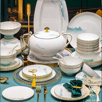 Manyuan's new bowl and plate set for home underglaze color jingdezhen nordic style bone china tableware for moving into a new home ceramic bowl and plate 36-piece set only available in green for 6 people