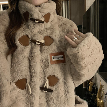 Hanlujiao (hanlujiao) lamb wool coat for women 2025 autumn and winter new style imitation rabbit velvet love horn button furry lamb wool warm cotton coat camel m recommended 100-115 pounds