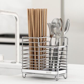 Elijah 304 stainless steel chopstick barrel wall-mounted punch-free chopstick barrel storage rack chopstick cage storage box drain rack double compartment