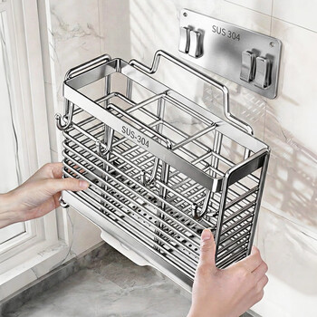 Youqin kitchen rack 304 stainless steel chopstick storage box wall-mounted chopstick barrel punch-free drain chopstick cage wall-mounted silver-304 3 compartments storage + 4 hooks