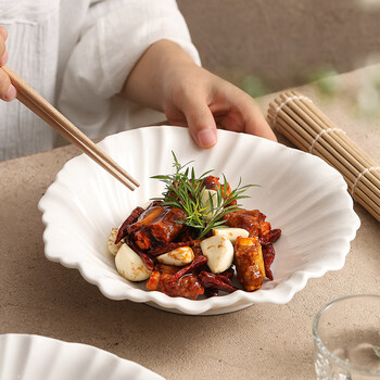 Chidu irregular lace soup plate home ins style creative high-end plate hotel tableware simple salad plate 8.8-inch round blooming soup plate-white porcelain