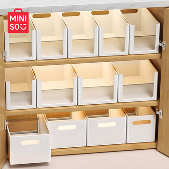 Miniso transparent kitchen storage box, right-angled rectangular cabinet organizer, desktop container, storage basket, living room small items, extra large thickened model, suitable for cabinets above 34cm, removable partitions, transparent panel + extra thick 3.6mm, 8 pieces, stocking package