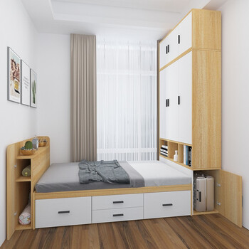 Pingzi set tatami bed multi-functional storage bed wardrobe integrated small apartment second bedroom cabinet combination enf grade paint-free board customization yellow oak color 1.5m tatami + bedside
