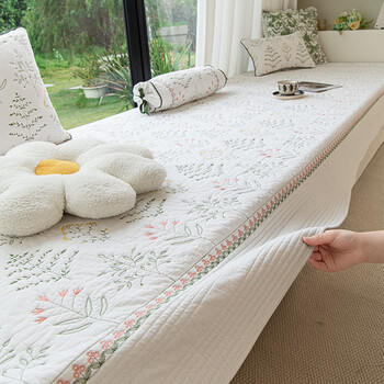 Bay window mat window sill mat 100% cotton for all seasons non-slip thin 100% cotton fabric pastoral style tatami balcony mat shili fangcao-white 110*240cm