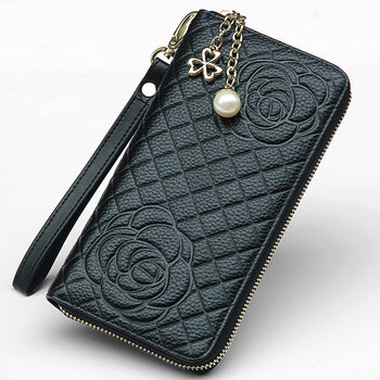 Sharelove genuine leather yellow lucky long women's wallet zipper cowhide wallet large capacity clutch women's mobile phone small bag black plaid, single pull--clover pull tag